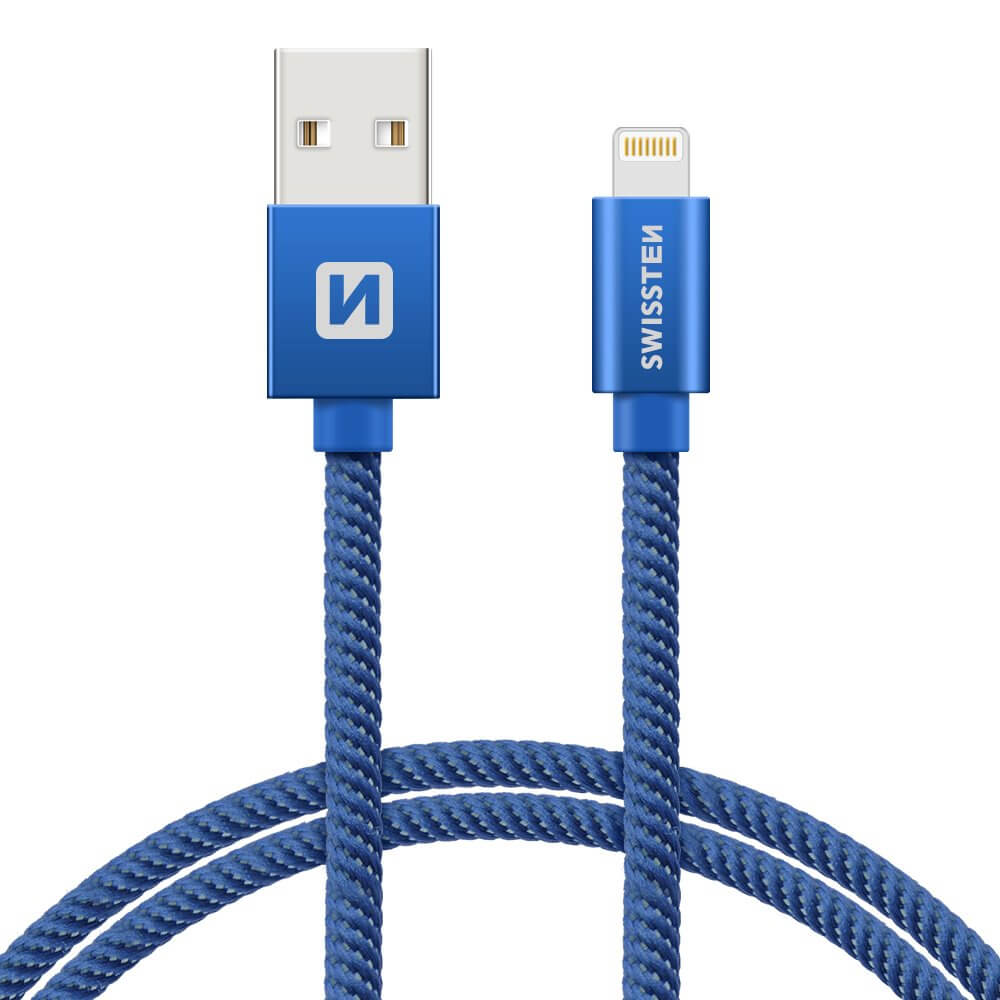 Textilný dátový kábel Swissten USB / LIGHTNING 2,0 M - modrý